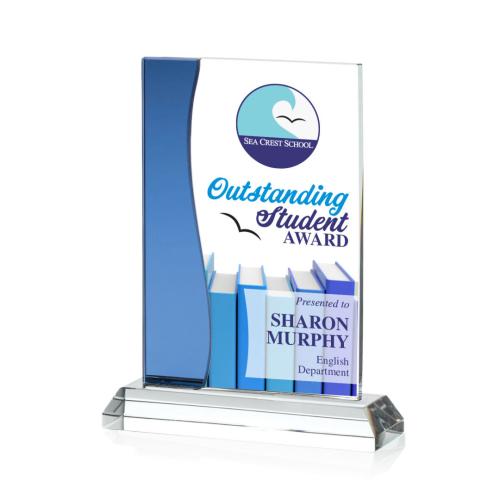 Corporate Awards - Glass Awards - Colored Glass Awards - Landfield Full Color Blue Rectangle Crystal Award