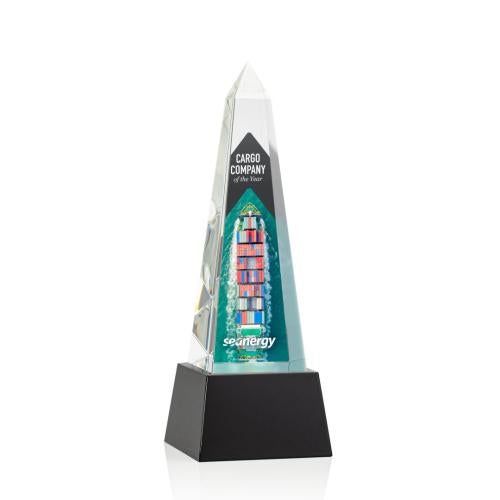 Corporate Awards - Crystal Awards - Crystal Pillar Awards - Master Full Color Black on Base Obelisk Crystal Award