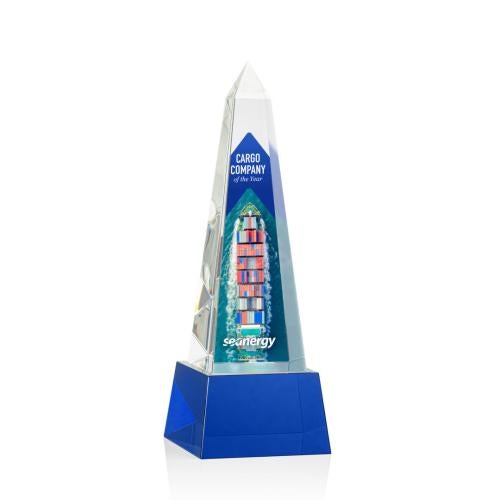Corporate Awards - Crystal Awards - Crystal Pillar Awards - Master Full Color Blue on Base Obelisk Crystal Award