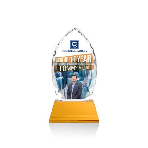 Corporate Awards - Glass Awards - Colored Glass Awards - Wilton Full Color Amber on Newhaven Arch & Crescent Crystal Award