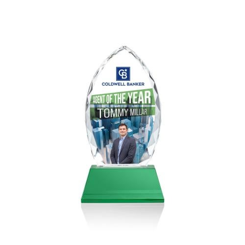 Corporate Awards - Glass Awards - Colored Glass Awards - Wilton Full Color Green on Newhaven Arch & Crescent Crystal Award