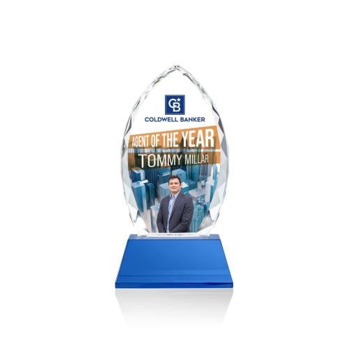 Corporate Awards - Glass Awards - Colored Glass Awards - Wilton Full Color Blue on Newhaven Arch & Crescent Crystal Award