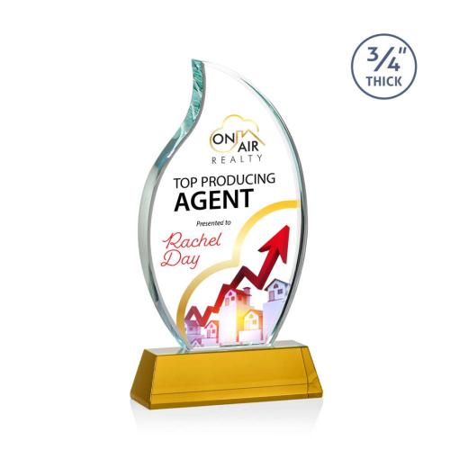 Corporate Awards - Crystal Awards - Crystal Flame Awards - Croydon Full Color Amber on Newhaven Base Flame Crystal Award