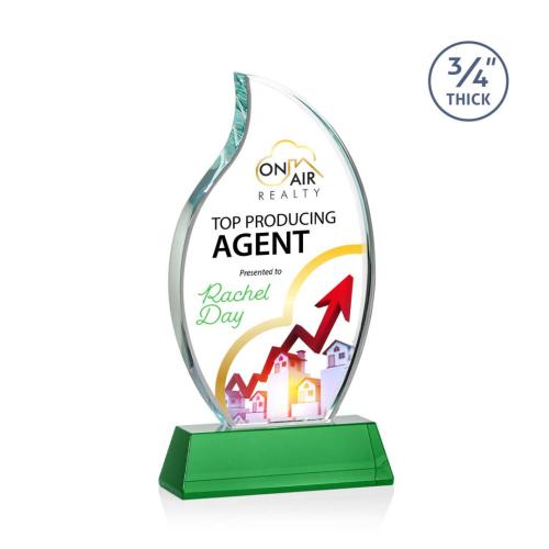 Corporate Awards - Crystal Awards - Crystal Flame Awards - Croydon Full Color Green on Newhaven Base Flame Crystal Award