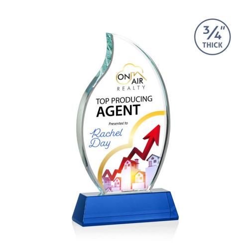 Corporate Awards - Crystal Awards - Crystal Flame Awards - Croydon Full Color Blue on Newhaven Base Flame Crystal Award