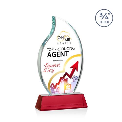 Corporate Awards - Crystal Awards - Colored Crystal - Red Crystal Awards - Croydon Full Color Red on Newhaven Base Flame Crystal Award