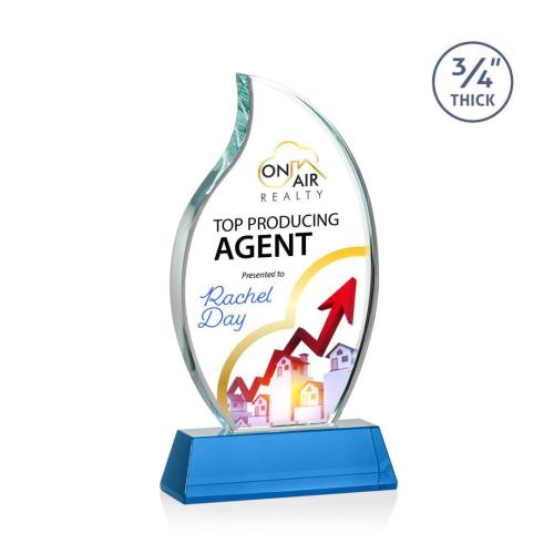 Corporate Awards - Crystal Awards - Crystal Flame Awards - Croydon Full Color Sky Blue on Newhaven Base Flame Crystal Award