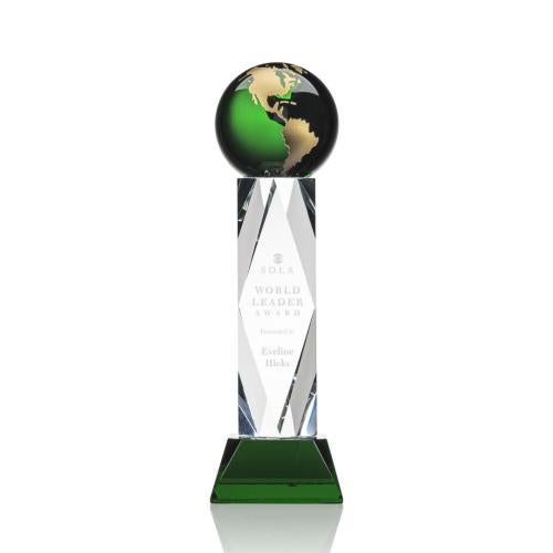 Corporate Awards - Crystal Awards - Crystal Pillar Awards - Ripley Globe Green/Gold Obelisk Crystal Award