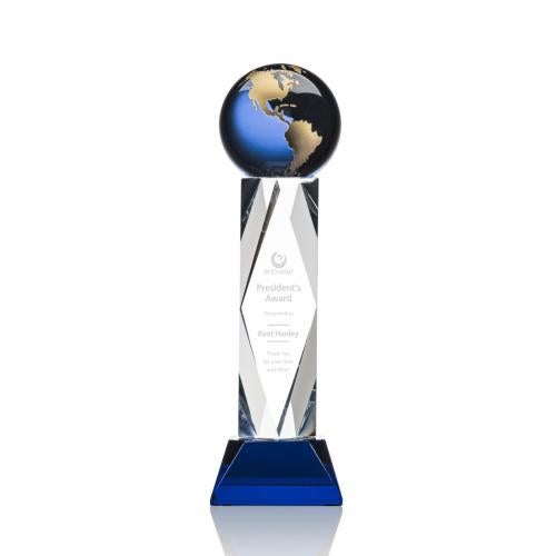 Corporate Awards - Crystal Awards - Crystal Pillar Awards - Ripley Globe Blue/Gold Obelisk Crystal Award