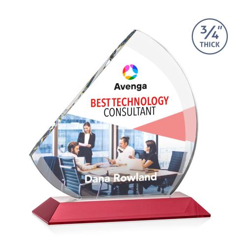 Corporate Awards - Crystal Awards - Colored Crystal - Red Crystal Awards - Nantucket Full Color Red Sail Crystal Award