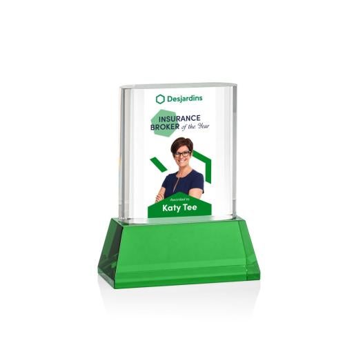 Corporate Awards - Glass Awards - Colored Glass Awards - Merit Full Color Green on Base Rectangle Crystal Award