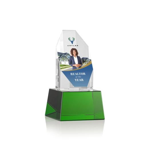 Corporate Awards - Glass Awards - Colored Glass Awards - Barrhaven Full Color Green on Base Crystal Award