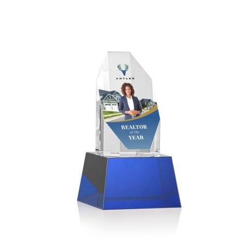Corporate Awards - Glass Awards - Colored Glass Awards - Barrhaven Full Color Blue on Base Crystal Award