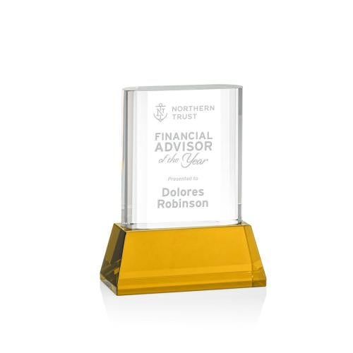 Corporate Awards - Glass Awards - Colored Glass Awards - Merit Amber on Base Rectangle Crystal Award