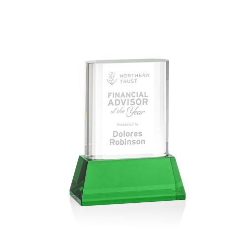 Corporate Awards - Glass Awards - Colored Glass Awards - Merit Green on Base Rectangle Crystal Award