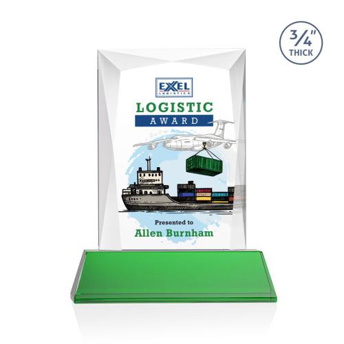 Corporate Awards - Glass Awards - Colored Glass Awards - Messina Full Color Green on Newhaven Base Rectangle Crystal Award