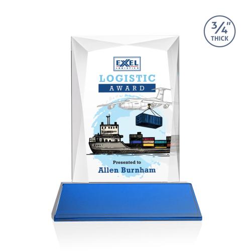 Corporate Awards - Glass Awards - Colored Glass Awards - Messina Full Color Blue on Newhaven Base Rectangle Crystal Award