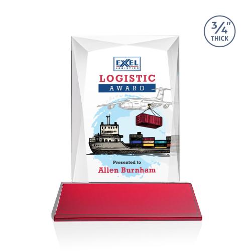 Corporate Awards - Crystal Awards - Colored Crystal - Red Crystal Awards - Messina Full Color Red on Newhaven Base Rectangle Crystal Award