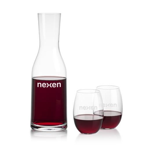 Corporate Recognition Gifts - Etched Barware - Caldmore Carafe & Carlita Stemless Wine