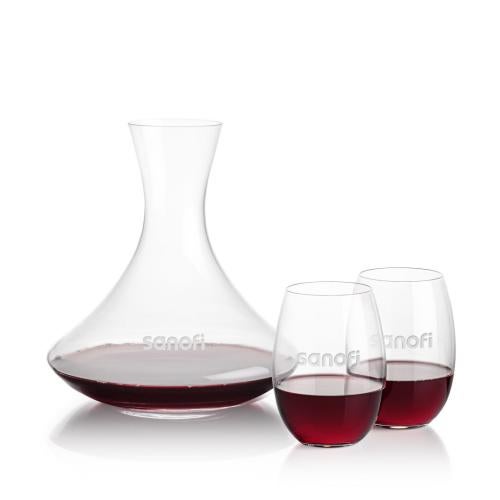 Corporate Recognition Gifts - Etched Barware - Senderwood Carafe & Carlita Stemless Wine