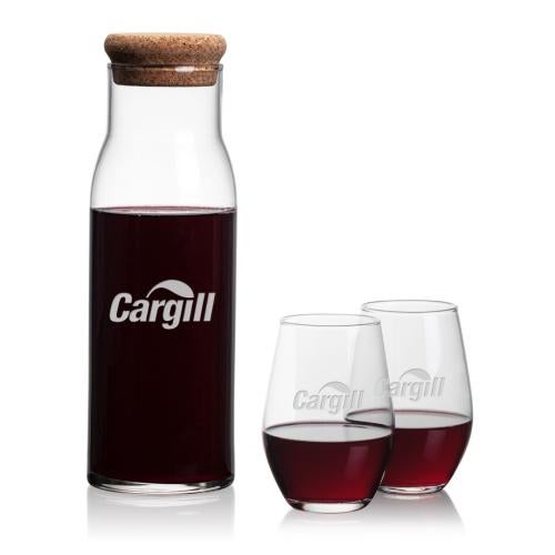 Corporate Recognition Gifts - Etched Barware - Aviston Carafe & Vale Stemless Wine
