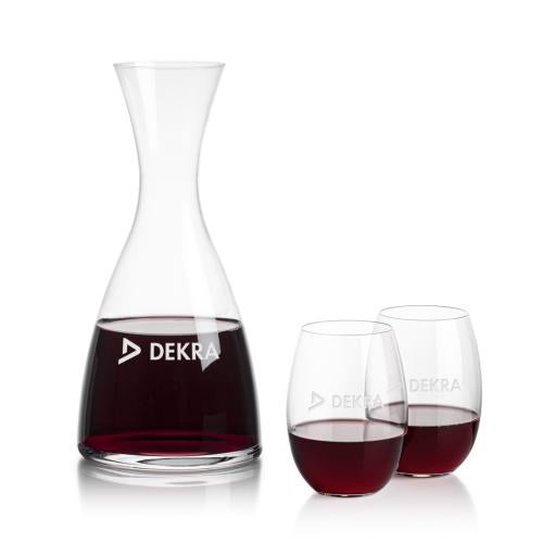 Corporate Recognition Gifts - Etched Barware - Barham Carafe & Carlita Stemless Wine