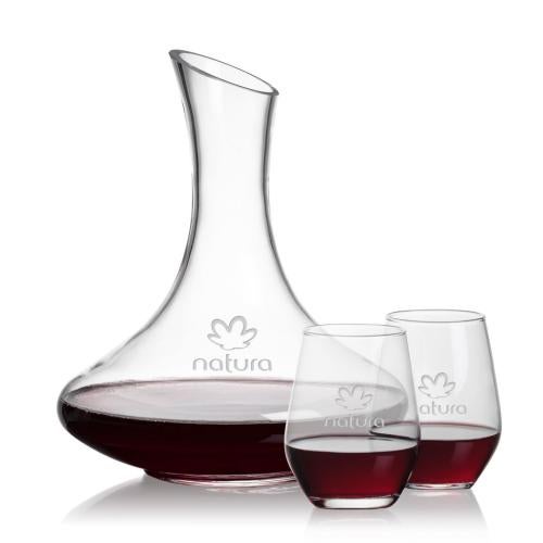 Corporate Recognition Gifts - Etched Barware - Kanata Carafe & Mandelay Stemless Wine