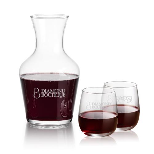 Corporate Recognition Gifts - Etched Barware - Summit Carafe & Crestview Stemless Wine