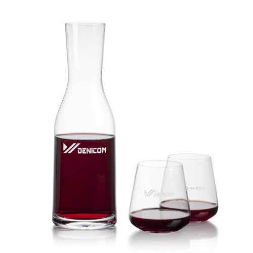 Corporate Recognition Gifts - Etched Barware - Caldmore Carafe & Crestview Stemless Wine