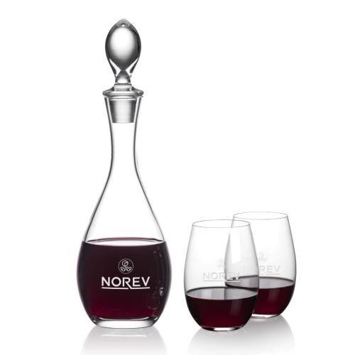 Corporate Recognition Gifts - Etched Barware - Malvern Decanter & Laurent Stemless Wine