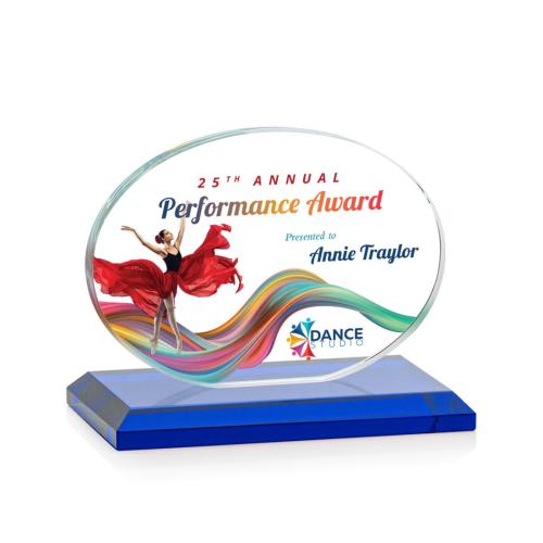 Corporate Awards - Glass Awards - Colored Glass Awards - Austin (Horiz) Full Color Blue Circle Crystal Award