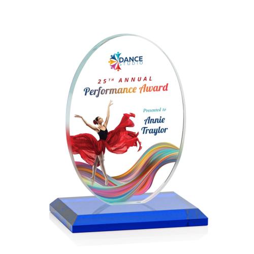 Corporate Awards - Glass Awards - Colored Glass Awards - Austin (Vert) Full Color Blue Circle Crystal Award