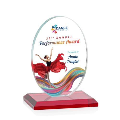 Corporate Awards - Crystal Awards - Colored Crystal - Red Crystal Awards - Austin (Vert) Full Color Red Circle Crystal Award