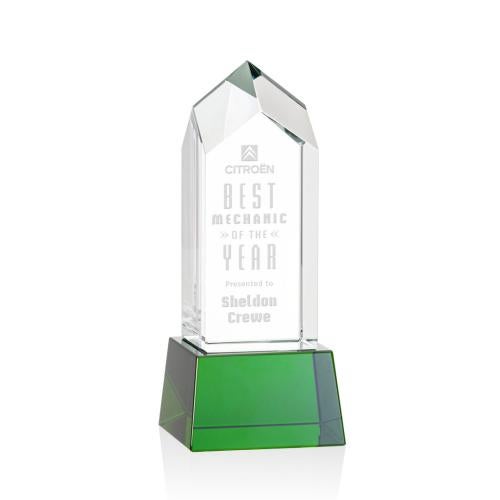 Corporate Awards - Crystal Awards - Crystal Pillar Awards - Clarington Green on Base Obelisk Crystal Award