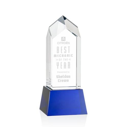 Corporate Awards - Crystal Awards - Crystal Pillar Awards - Clarington Blue on Base Obelisk Crystal Award