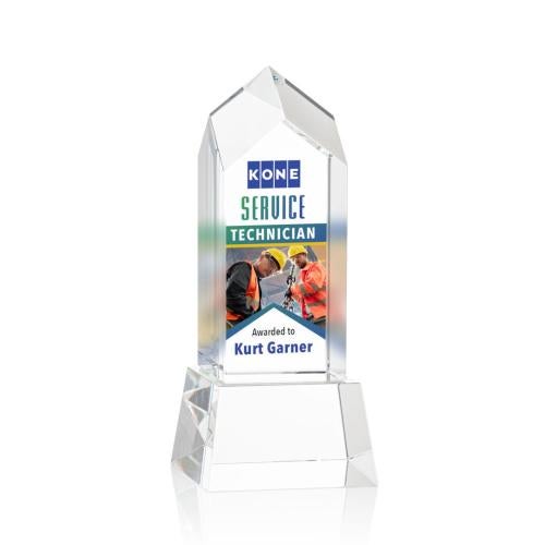 Corporate Awards - Crystal Awards - Crystal Pillar Awards - Clarington Full Color Clear on Base Obelisk Crystal Award