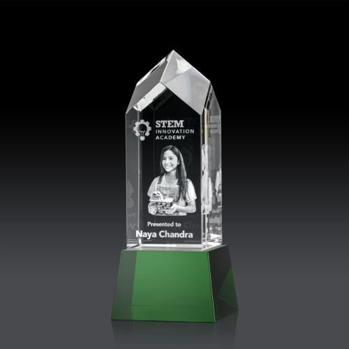 Corporate Awards - Crystal Awards - Crystal Pillar Awards - Clarington on Base 3D - Green