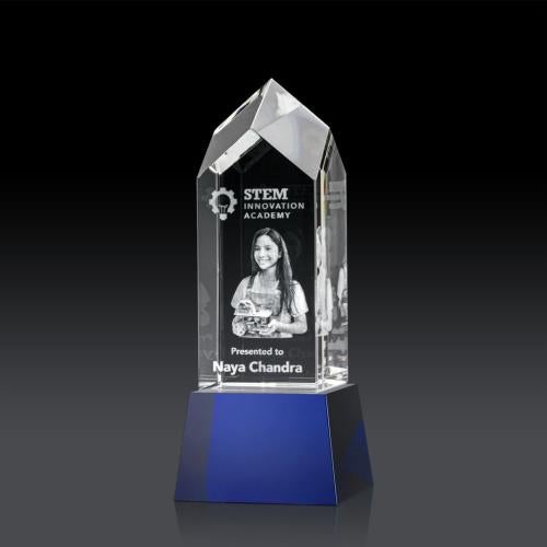 Corporate Awards - Crystal Awards - Crystal Pillar Awards - Clarington on Base 3D - Blue