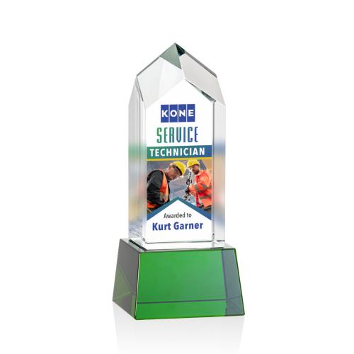 Corporate Awards - Crystal Awards - Crystal Pillar Awards - Clarington Full Color Green on Base Obelisk Crystal Award