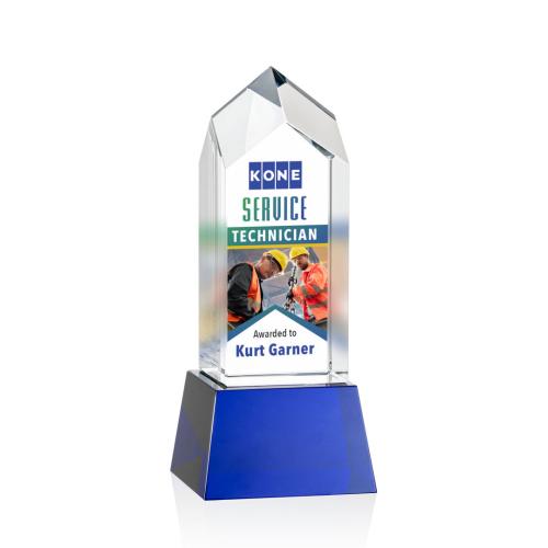 Corporate Awards - Crystal Awards - Crystal Pillar Awards - Clarington Full Color Blue on Base Obelisk Crystal Award