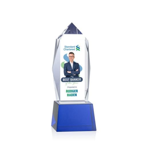 Corporate Awards - Crystal Awards - Crystal Pillar Awards - Bloomington Full Color Blue on Base Obelisk Crystal Award