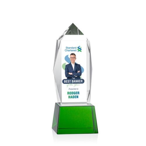 Corporate Awards - Crystal Awards - Crystal Pillar Awards - Bloomington Full Color Green on Base Obelisk Crystal Award