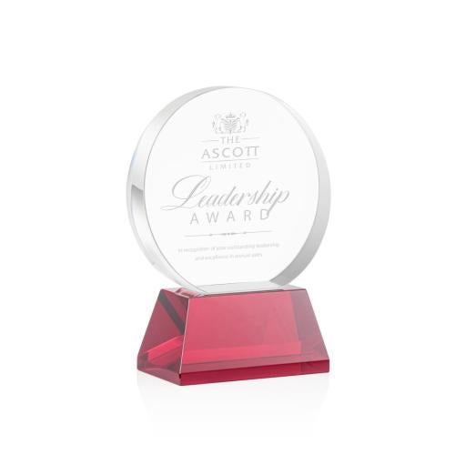 Corporate Awards - Crystal Awards - Colored Crystal - Red Crystal Awards - Glenwood Red on Base Circle Crystal Award