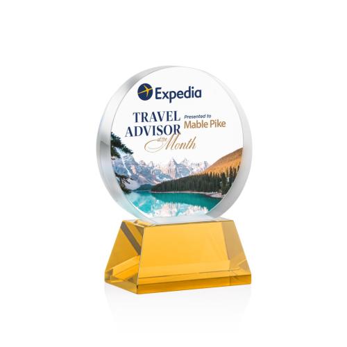 Corporate Awards - Glass Awards - Colored Glass Awards - Glenwood Vividprint™ Amber on Base Circle Crystal Award