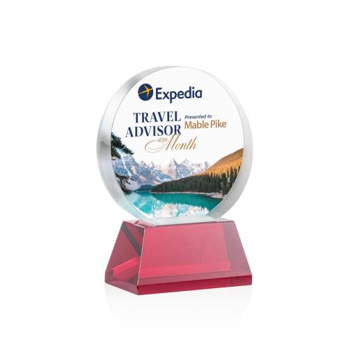 Corporate Awards - Crystal Awards - Colored Crystal - Red Crystal Awards - Glenwood Vividprint™ Red on Base Circle Crystal Award