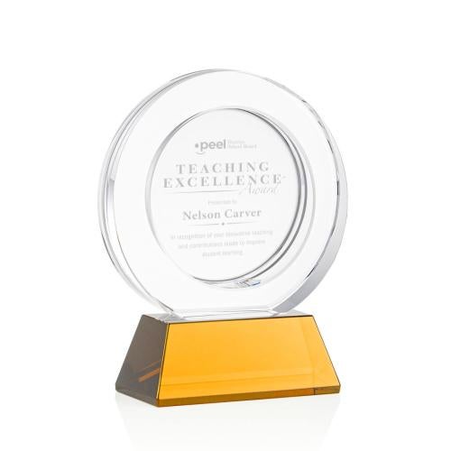 Corporate Awards - Glass Awards - Colored Glass Awards - Templeton Amber on Base Circle Crystal Award