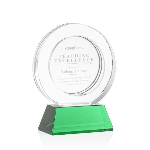 Corporate Awards - Glass Awards - Colored Glass Awards - Templeton Green on Base Circle Crystal Award