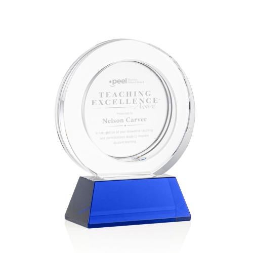 Corporate Awards - Glass Awards - Colored Glass Awards - Templeton Blue on Base Circle Crystal Award