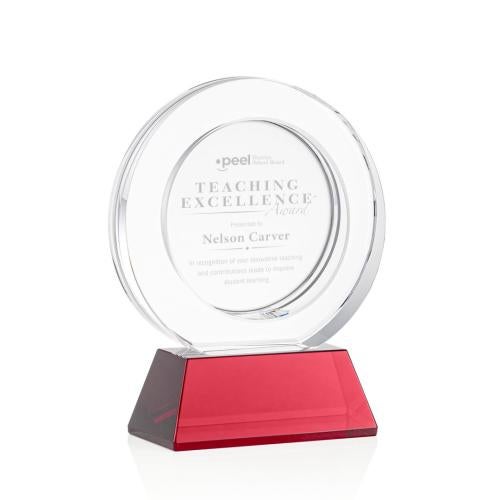 Corporate Awards - Crystal Awards - Colored Crystal - Red Crystal Awards - Templeton Red on Base Circle Crystal Award