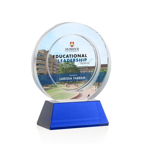 Corporate Awards - Glass Awards - Colored Glass Awards - Templeton Full Color Blue on Base Circle Crystal Award
